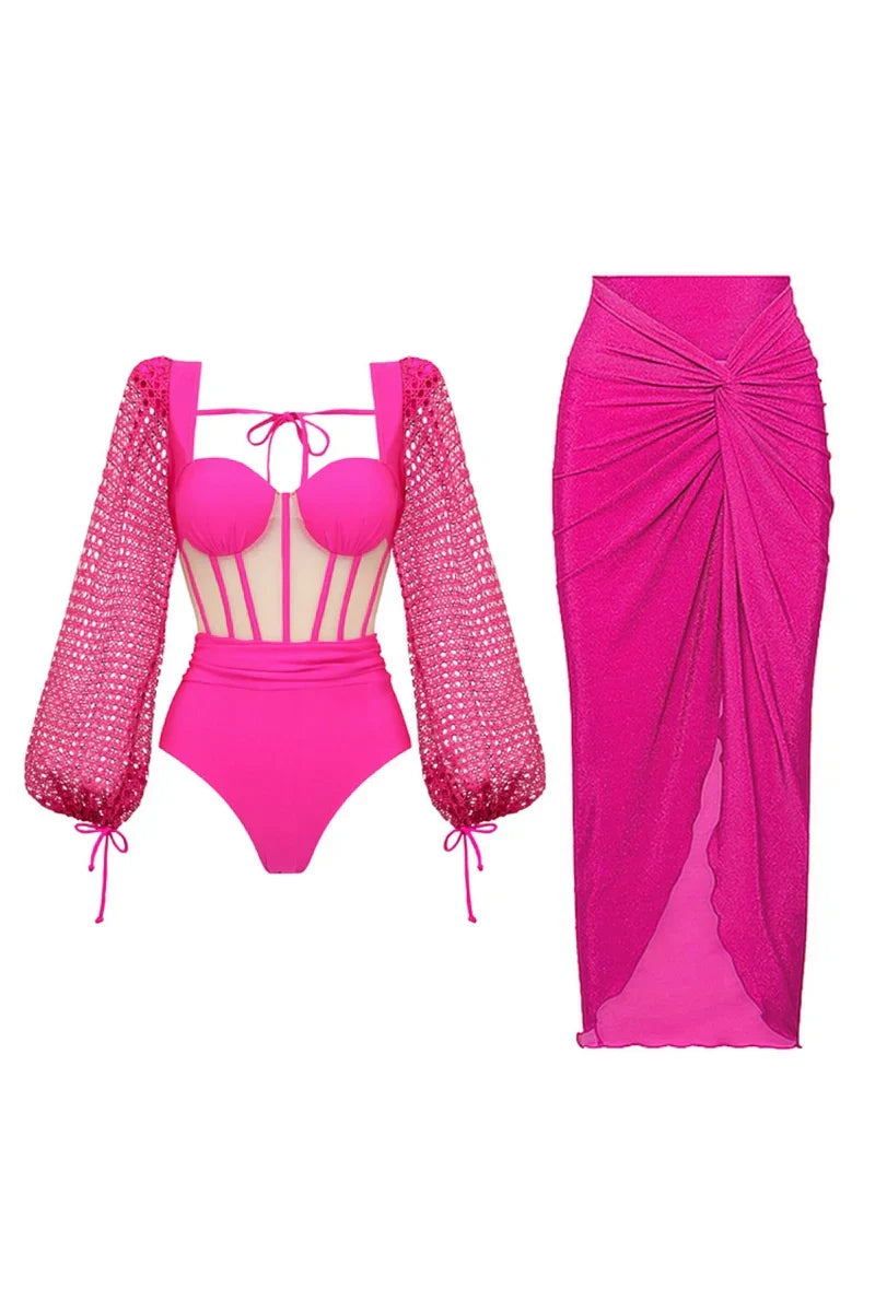 Conjunto de traje de baño sin espalda rosa fluorescente