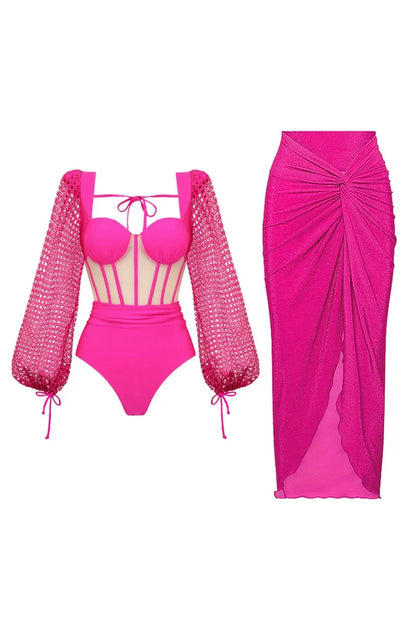 Conjunto de traje de baño sin espalda rosa fluorescente