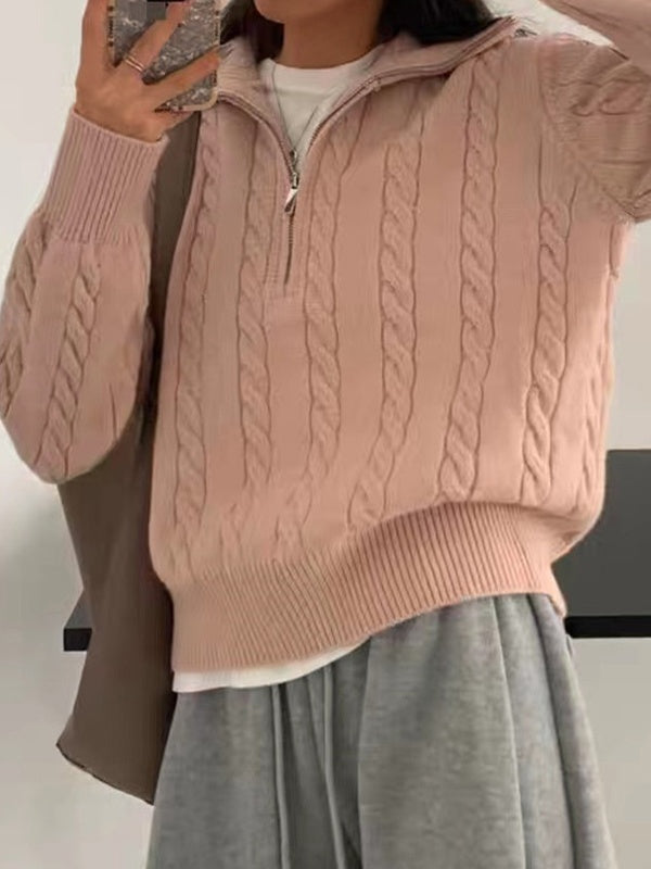 Vintage Lapel Neck Cable Half Zip Knit Sweater
