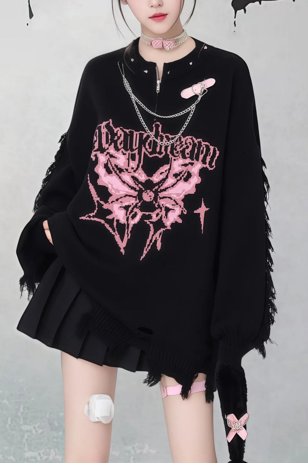 Gothic Y2K Subculture Rivet Print Ripped Loose Knit Sweater