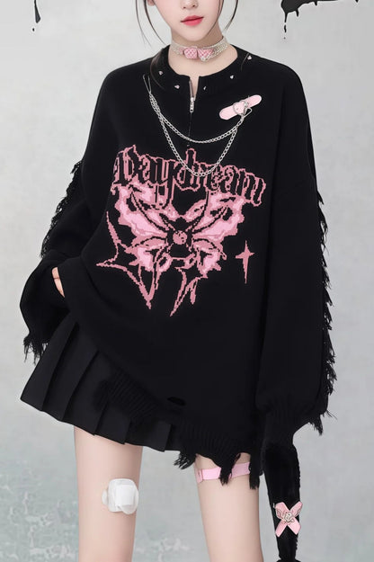 Gothic Y2K Subculture Rivet Print Ripped Loose Knit Sweater
