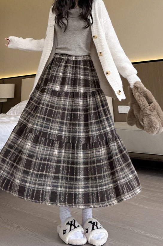 Wool Blend Tiered Plaid Skirt