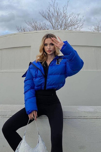 Polar Fleece Patchwork Faux Fur Collar Puffer Jacket