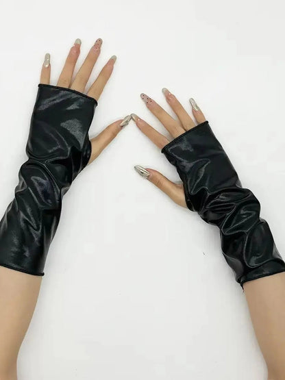 Faux Patent Leather Punk Fingerless Gloves