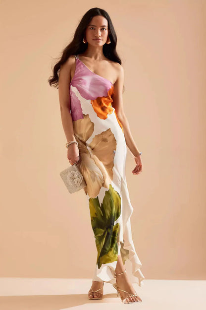 Ruffled One-Shoulder Flowing Suspender Maxi Dress
