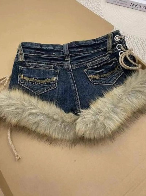 Y2K Low - Rise Slim Denim Fuzzy Shorts