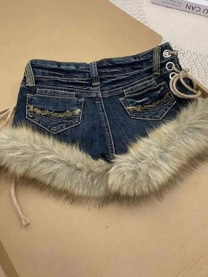 Y2K Low - Rise Slim Denim Fuzzy Shorts