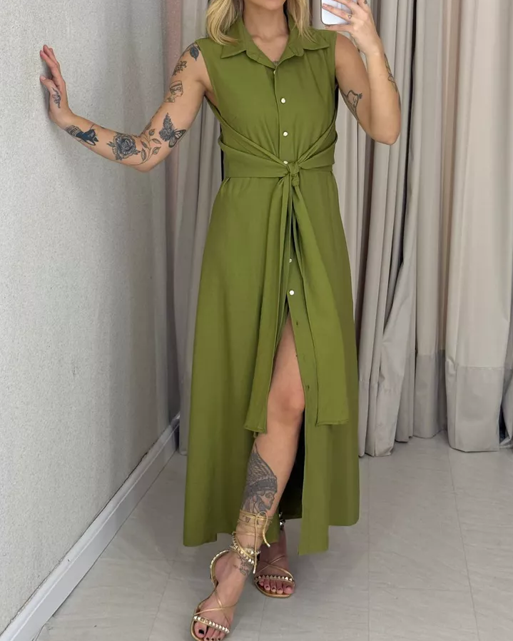 V-Neck Sleeveless Solid Color Waist Dres