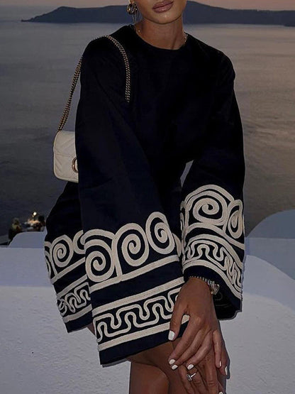 Flared Sleeves Embroidered Round-Neck Mini Dresses