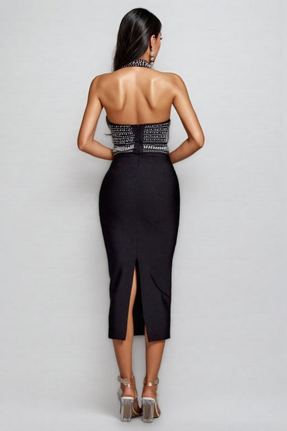 Maia Pearl Halter Bandage Midi Dress - Black