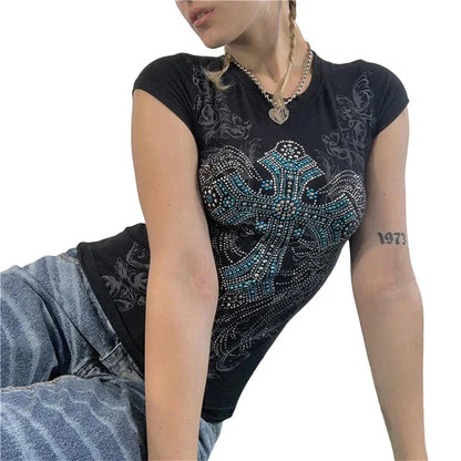 Goth T Shirts y2k Aesthetic Fairy Grunge Clothes Rhinestone Cross Wings Pattern Short Sleeve Tops Streetwear