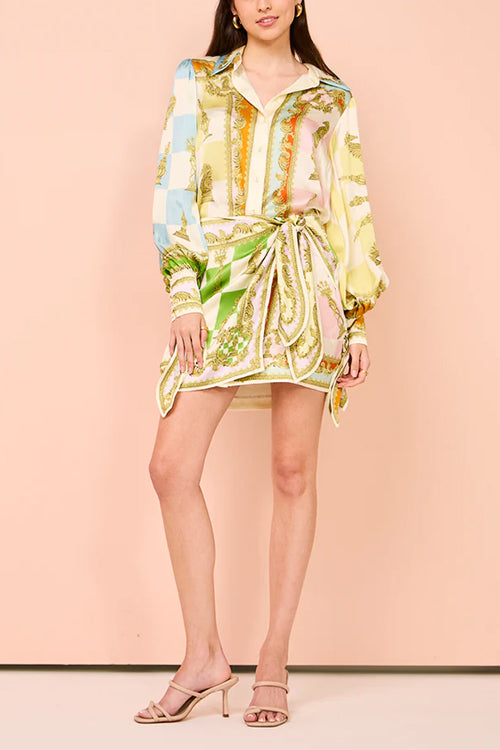 Long Sleeves Button Up Tie Waist Unique Print Wrap Mini Dress