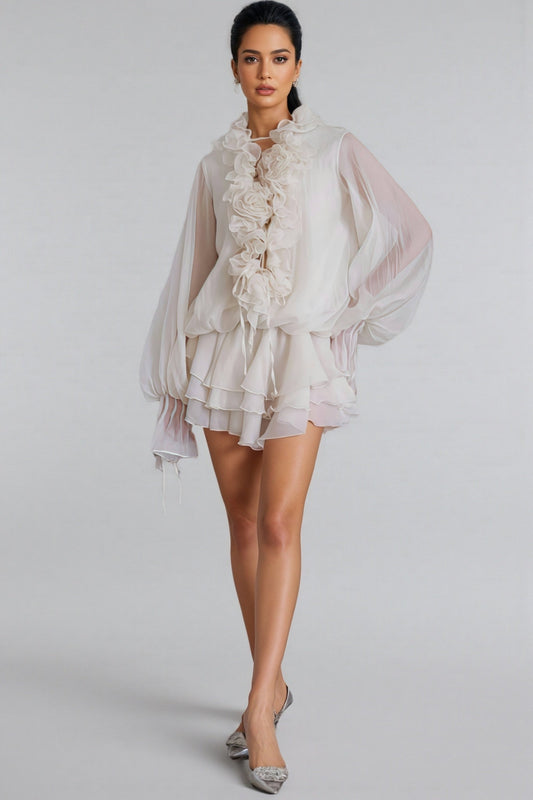 Elsonv 3D Floral Lantern Sleeve Mini Dress