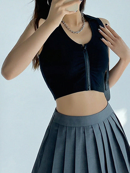 Zip Up Ribbed Cropped Tank Top