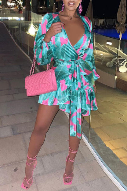 Feminine Print Satin V-Neck Lace-Up Ruffle Long Sleeve Mini Dress