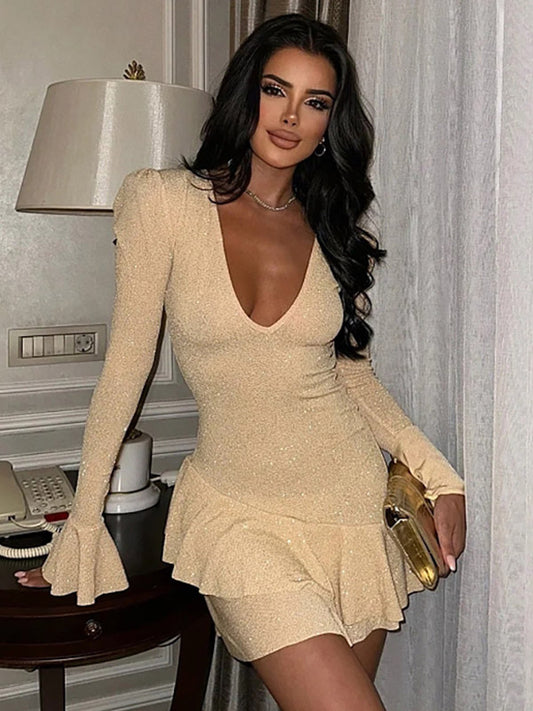 Sequins Party Dresses Deep V Padded Shoulder Ruffles Trim Mini Dress