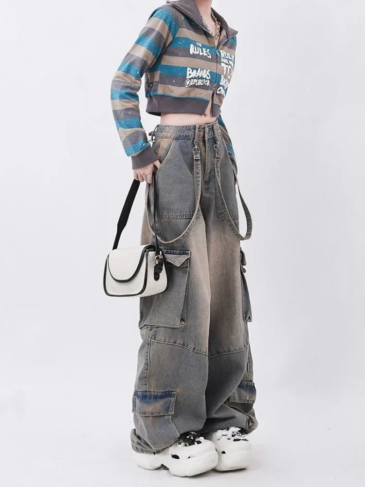 Women Y2k Vintage Waist Wide Leg Denim Trousers Streetwear Casual Pockets Pants