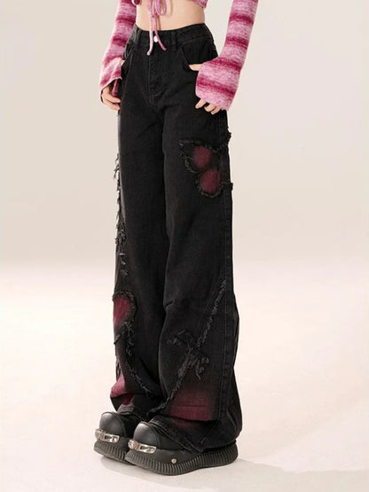 High Waist Jeans Women Y2k Baggy Butterfly Tie Dye Punk Wide Leg Denim Pants