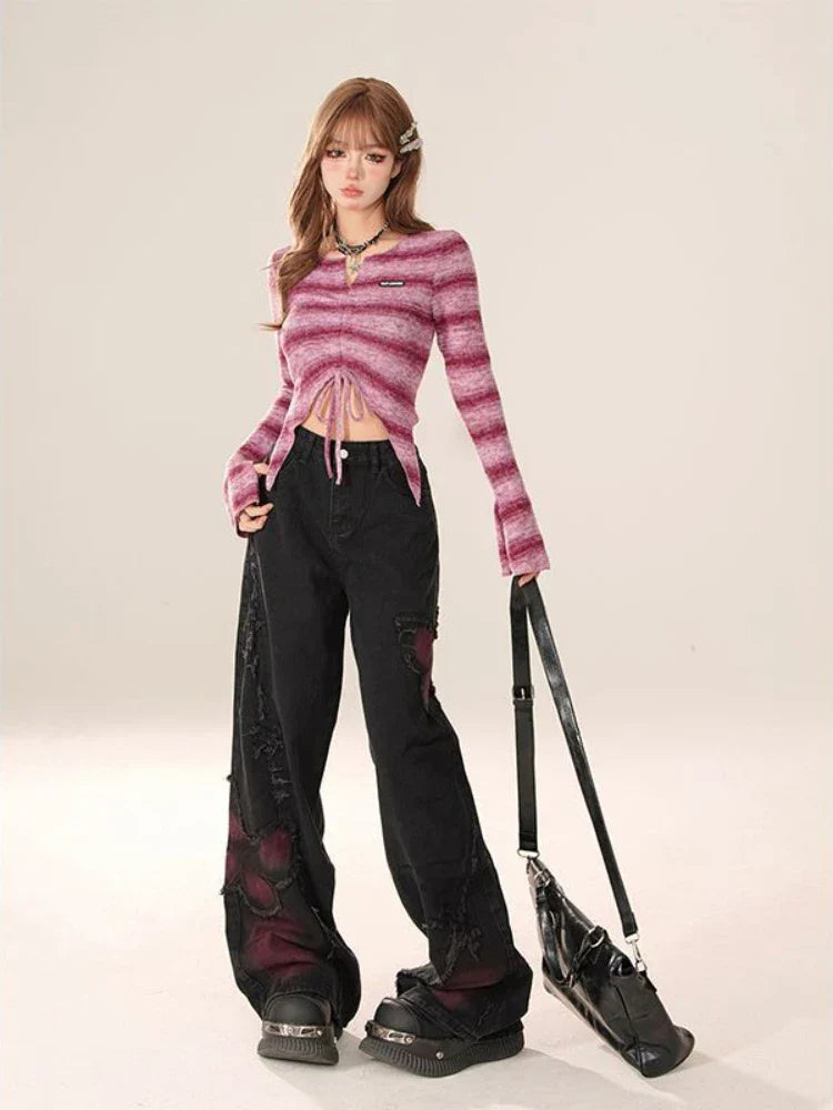 High Waist Jeans Women Y2k Baggy Butterfly Tie Dye Punk Wide Leg Denim Pants