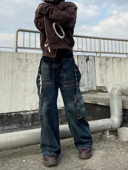 Waist Cargo Jeans Women Y2k Vintage Loose Zipper Pockets Patchwork Streetwear Pants