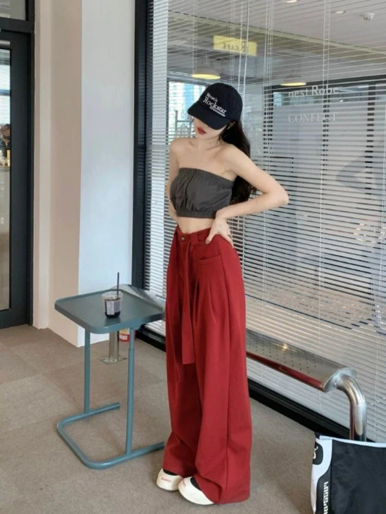 Waist Women Y2k Baggy Belt Pleated Wide Leg Sport Streetwear Pants