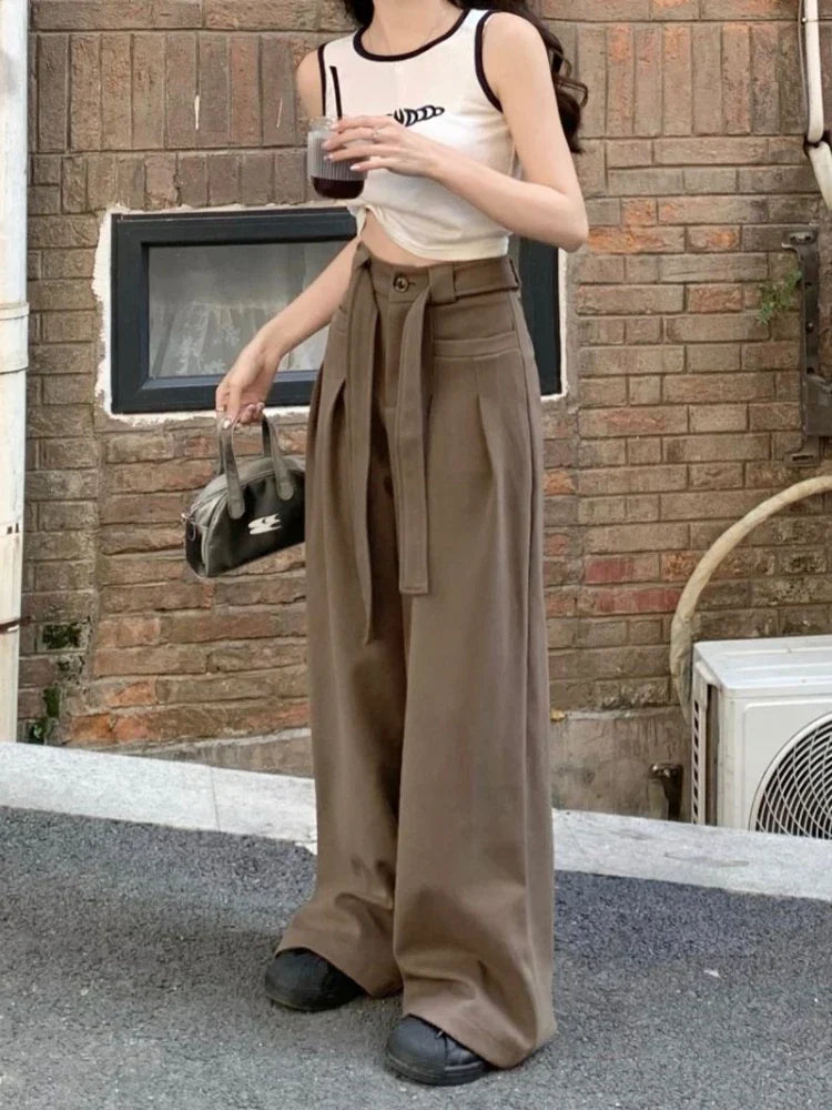 Waist Women Y2k Baggy Belt Pleated Wide Leg Sport Streetwear Pants