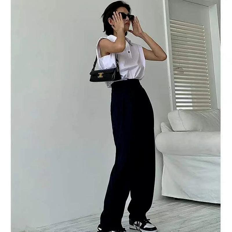 Khaki Wide Leg Women's Pantsuit Classic Vintage Palazzo Office Elegant Trouser Work Pants