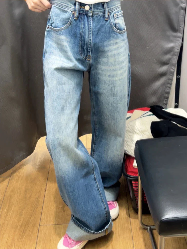 Retro Denim Blue Jeans Women High Waist Wide Leg Straight Y2k Pants