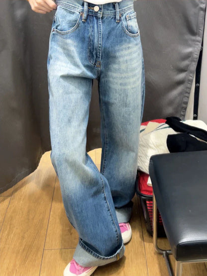 Retro Denim Blue Jeans Women High Waist Wide Leg Straight Y2k Pants
