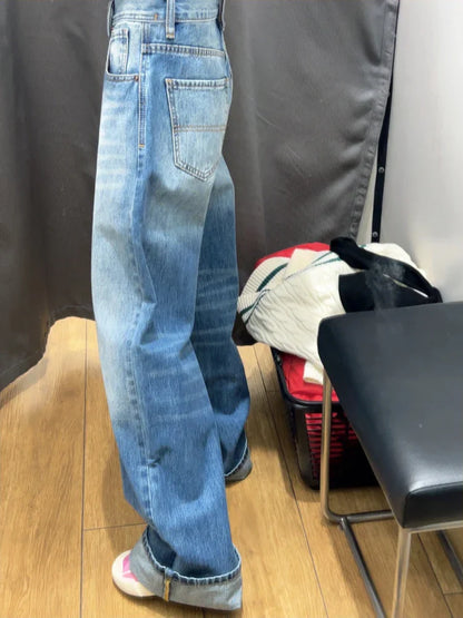 Retro Denim Blue Jeans Women High Waist Wide Leg Straight Y2k Pants