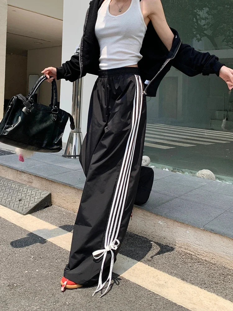 Sports Baggy Pants Women Y2k Fashion Cutecore Bow Straight Wide Leg Pants