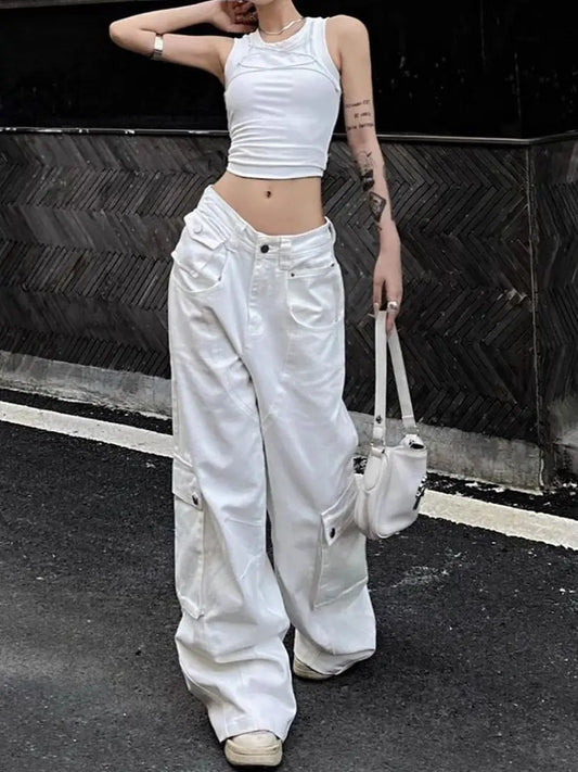 Women Denim Pants Y2k Vintage Loose Style Wide Leg Cargo Pants