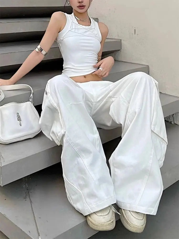 Women Denim Pants Y2k Vintage Loose Style Wide Leg Cargo Pants