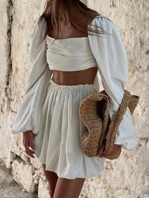 Lace-up Top Pleated Skirt Two-Pieces