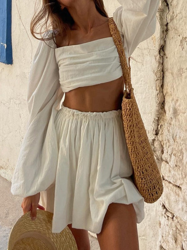 Lace-up Top Pleated Skirt Two-Pieces