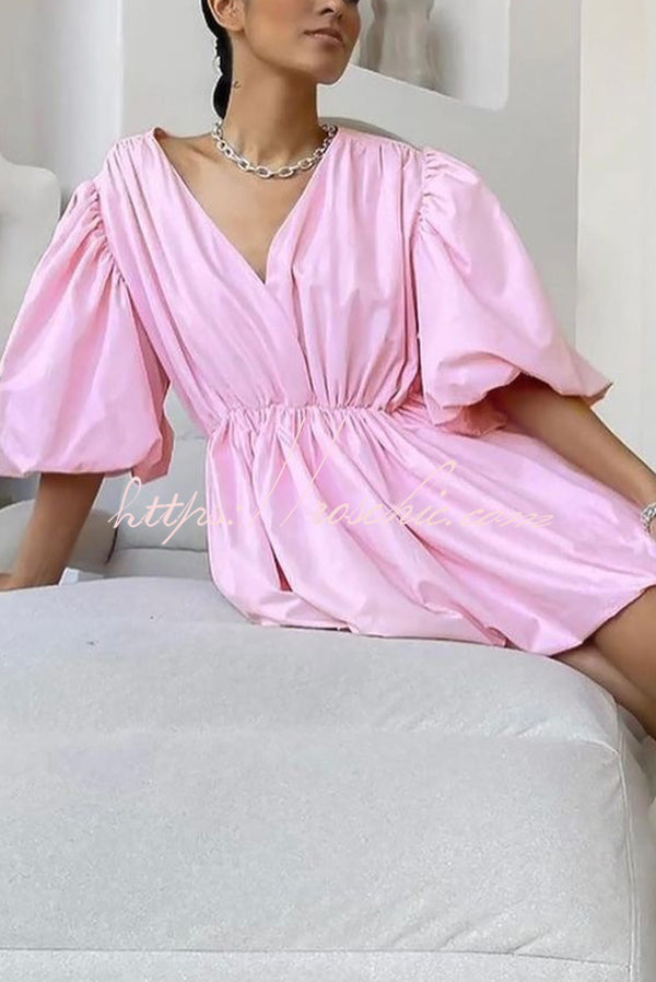 Solid Color Sexy V-neck Lantern Sleeve Waist Mini Dress