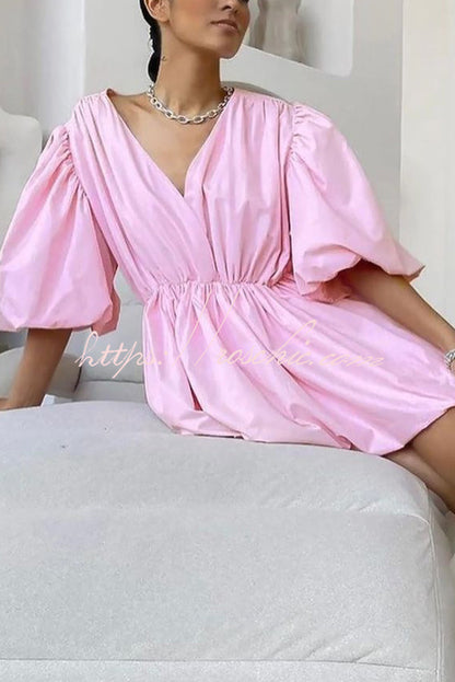 Solid Color Sexy V-neck Lantern Sleeve Waist Mini Dress