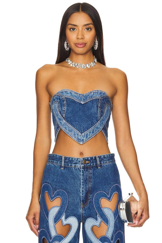 Top vaquero sexy con costuras de corazón azul