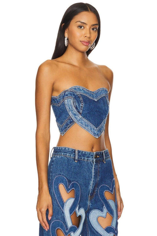 Top vaquero sexy con costuras de corazón azul