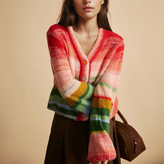 Cárdigan elegante de punto con cuello en V y botones a rayas multicolor para mujer | Ideal para otoño/invierno