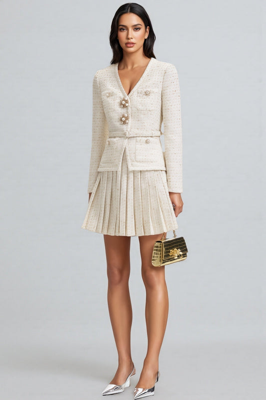 Taryn V-Neck Waistline Pleated Mini Dress Set