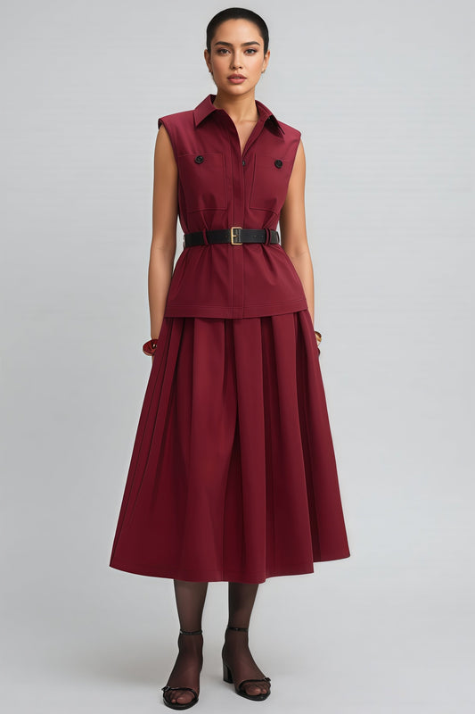 Raelith Red Twill Belted Midi Dress Set