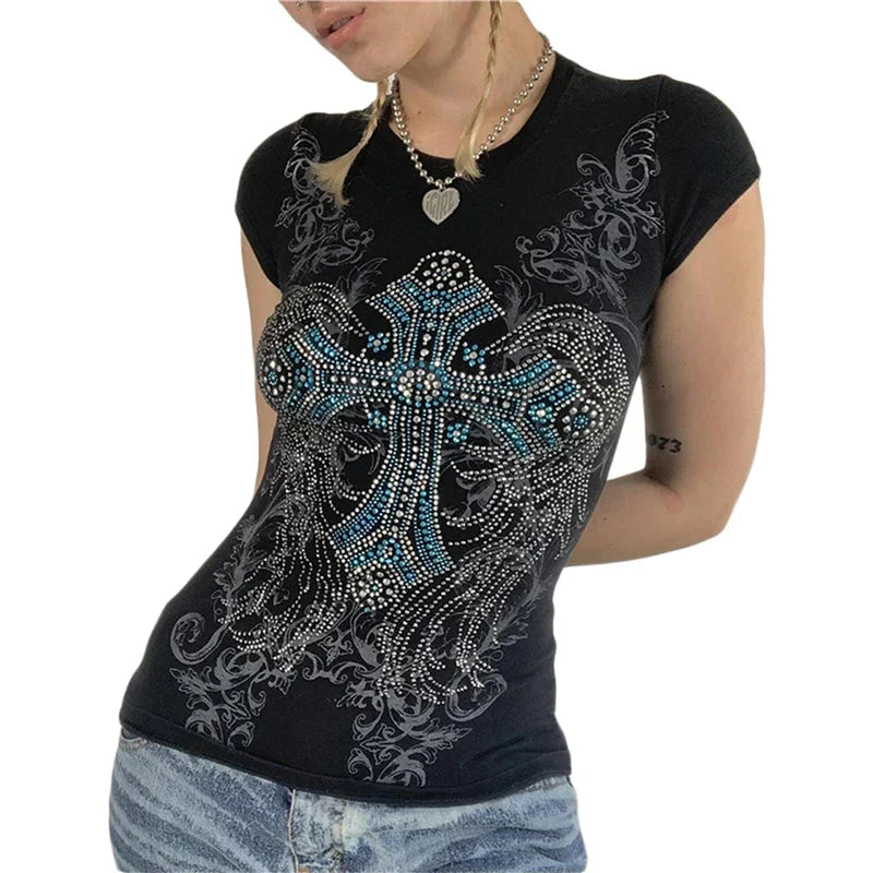 Goth T Shirts y2k Aesthetic Fairy Grunge Clothes Rhinestone Cross Wings Pattern Short Sleeve Tops Streetwear