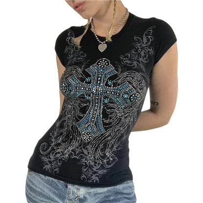 Goth T Shirts y2k Aesthetic Fairy Grunge Clothes Rhinestone Cross Wings Pattern Short Sleeve Tops Streetwear