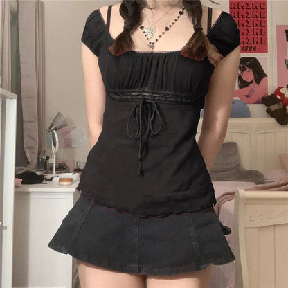 Elegant Lady Square Collar T-shirt Kawaii Bow Short Sleeve Pullovers Tees Y2K Vintage Fairy Grunge Crop Top Retro Clothes
