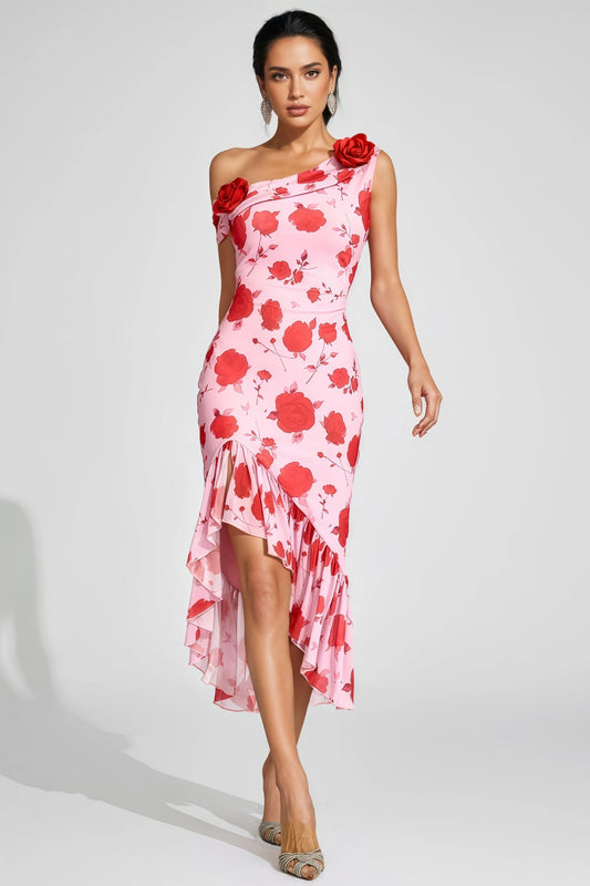 Eugene Pink Rose Print One Shoulder Midi Dress