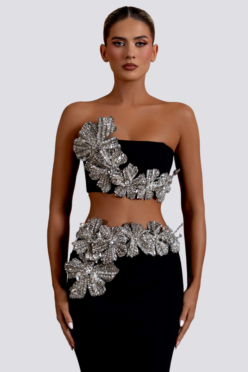 Conjunto de falda con diamantes de imitación y estampado floral sin tirantes de Allese