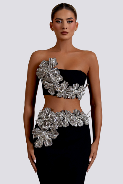 Conjunto de falda con diamantes de imitación y estampado floral sin tirantes de Allese