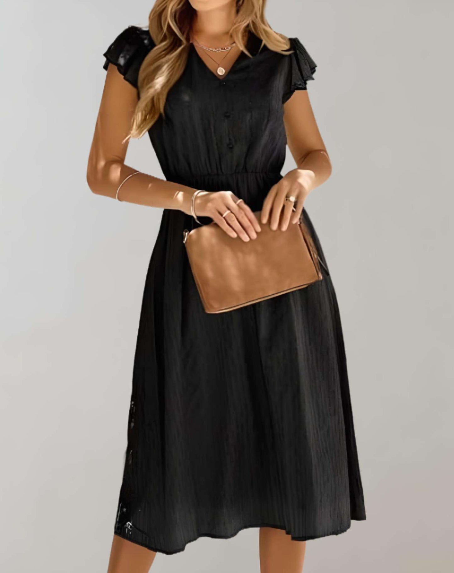 Vestido de mujer con mangas mariposa y volantes texturizados | Ideal para primavera/verano