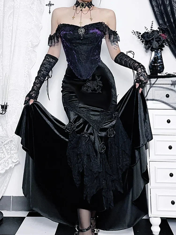 Vintage Elegant Trumpet Women Mall Goth Florals Patchwork High Waist Aesthetic Fairycore Skirt